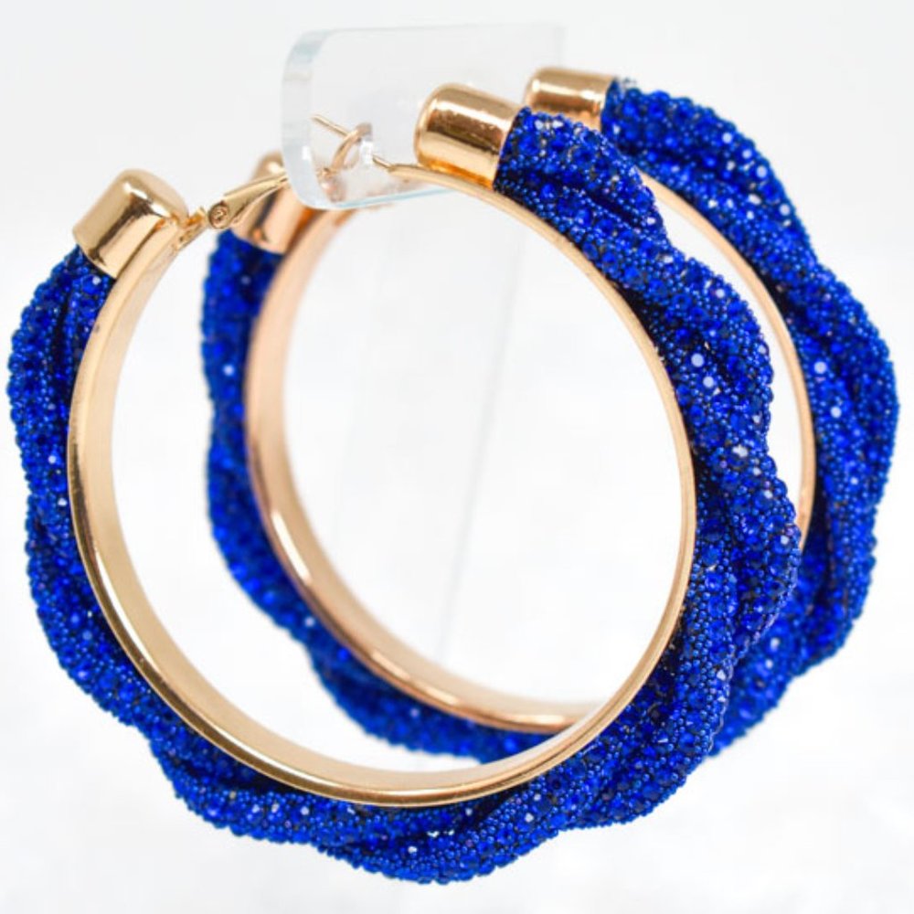 3" Braid Twist Royal Blue Rhinestone Hoop Earrings